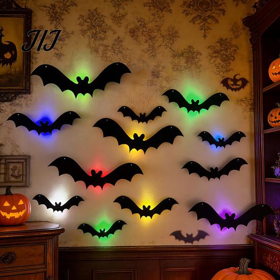 Scary Entrance Decor Halloween 3D Lighted Bat Wall Decor, Removable Felt Bats Stickers, Assorted Mounted Adornments Size, LED Glowing Clings