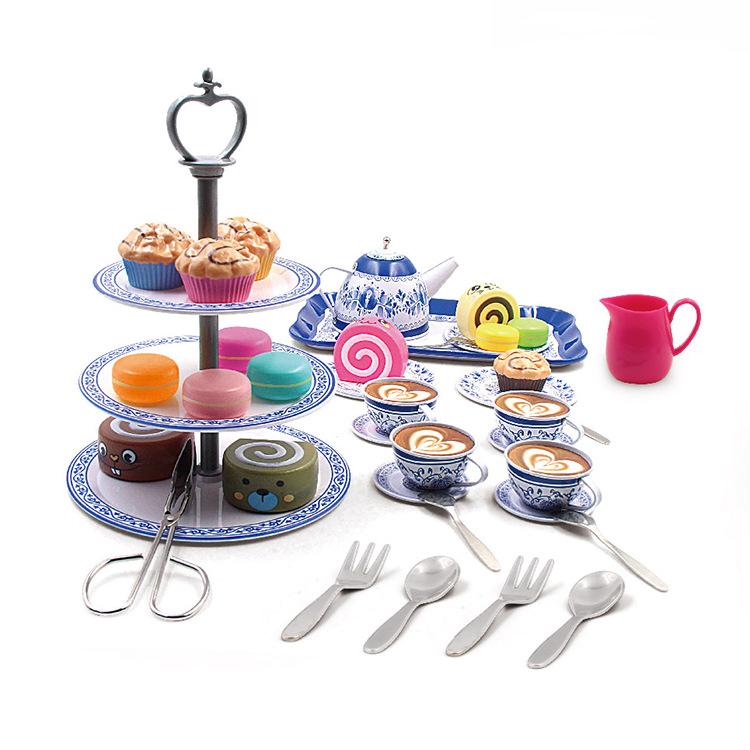 Kids Play Food Set, 3-Tier Dessert Stand Cupcakes Macarons, 44PCS Assorted Colors, Afternoon Tea Role Play Toy