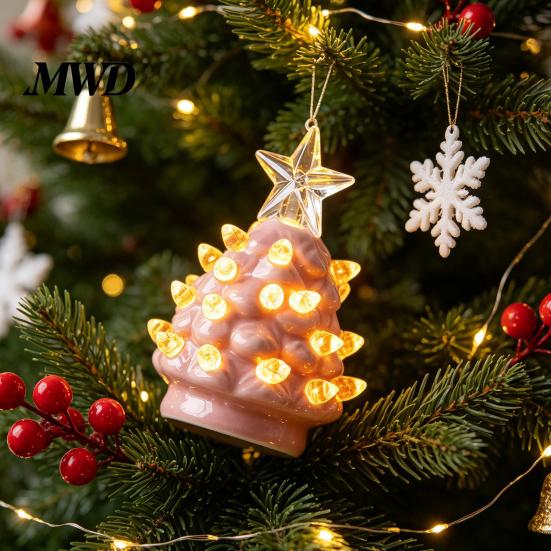 Office Desk Holiday Decorations Christmas Tree Ornament, Glowing Retro Resin Tabletop Decor with Star Mini Topper, Vintage Xmas Trees Night Light for