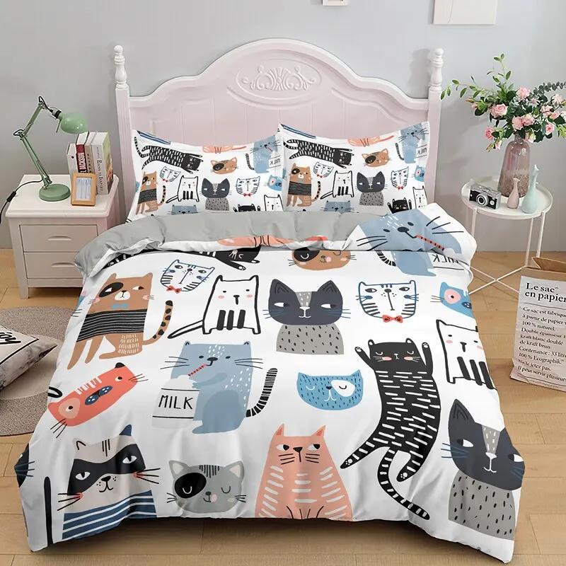 Cat Duvet Cover Set Digital Different Color Cartoon Cute Cat Bedding Set Bedclothes Double Queen King Size Polyester Qulit Cover