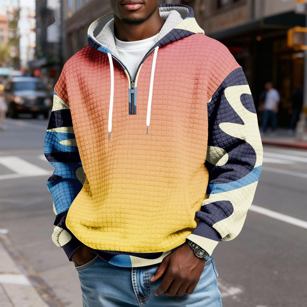 Мужской худи-пуловер в клетку с капюшоном на молнии до середины, со шнурком и принтом, повседневная спортивная толстовка