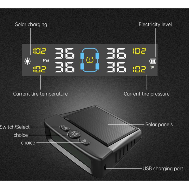 Солнечная система контроля давления в шинах TPMS для автомобиля, цифровой цветной ЖК-дисплей, с 4/6 внешними датчиками, система мониторинга давления в шинах