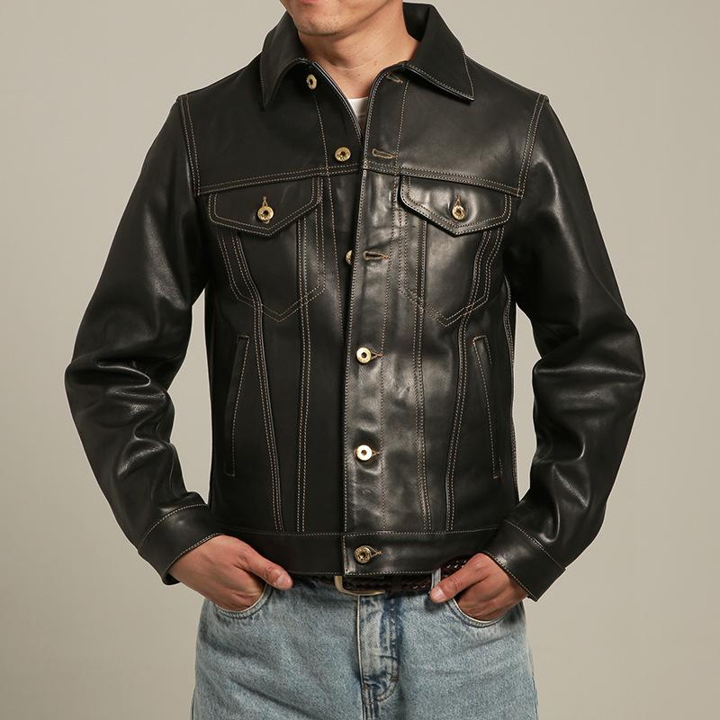 Vegetable tanned oil wax cowhide leather jacket men's retro lapel locomotive replica denim leather jacket