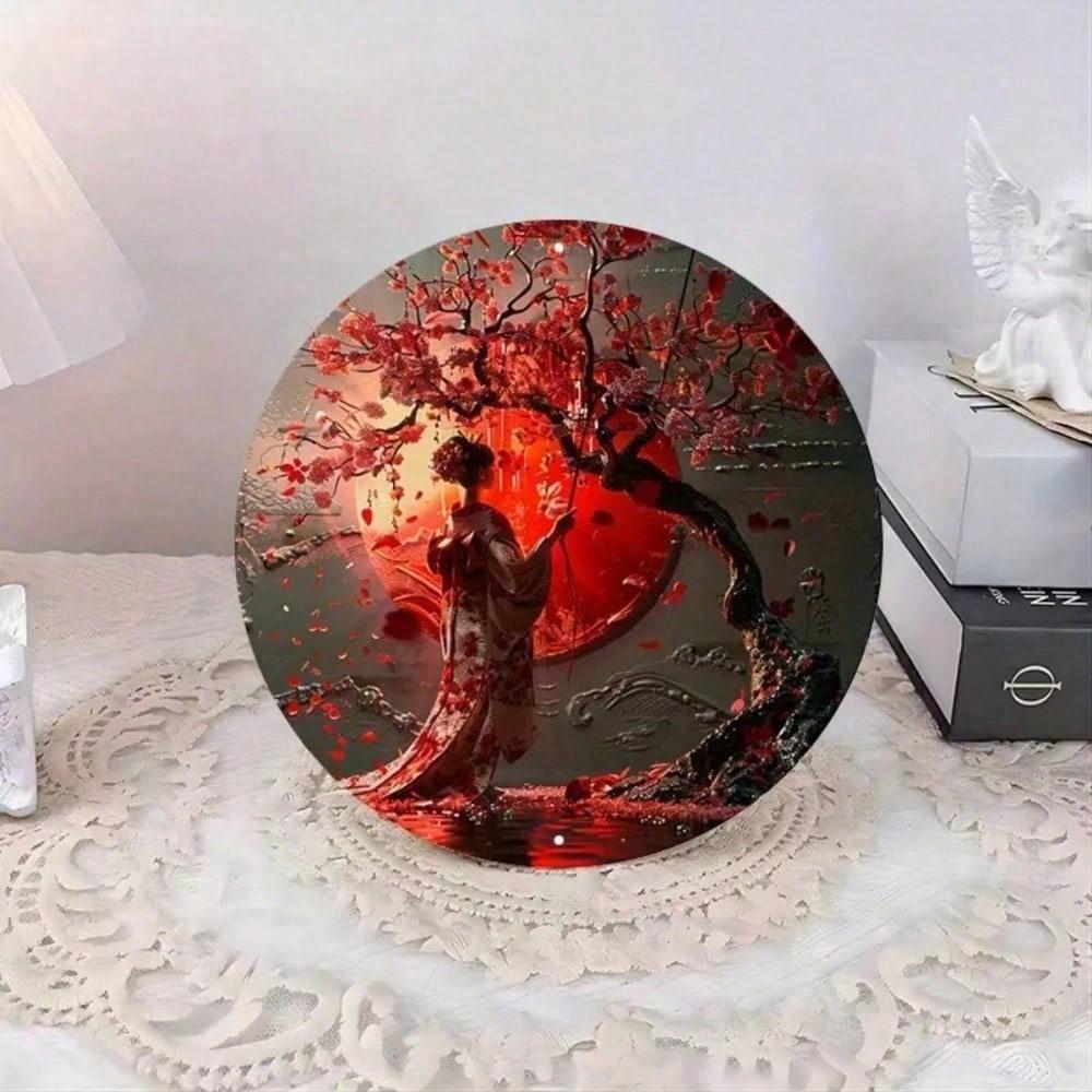 Круглая металлическая настенная art 8x8 дюймов Японская женщина Кимоно Цветок вишни Винтажный Декор для дома Устойчивый к УФ царапинам Подвесной знак