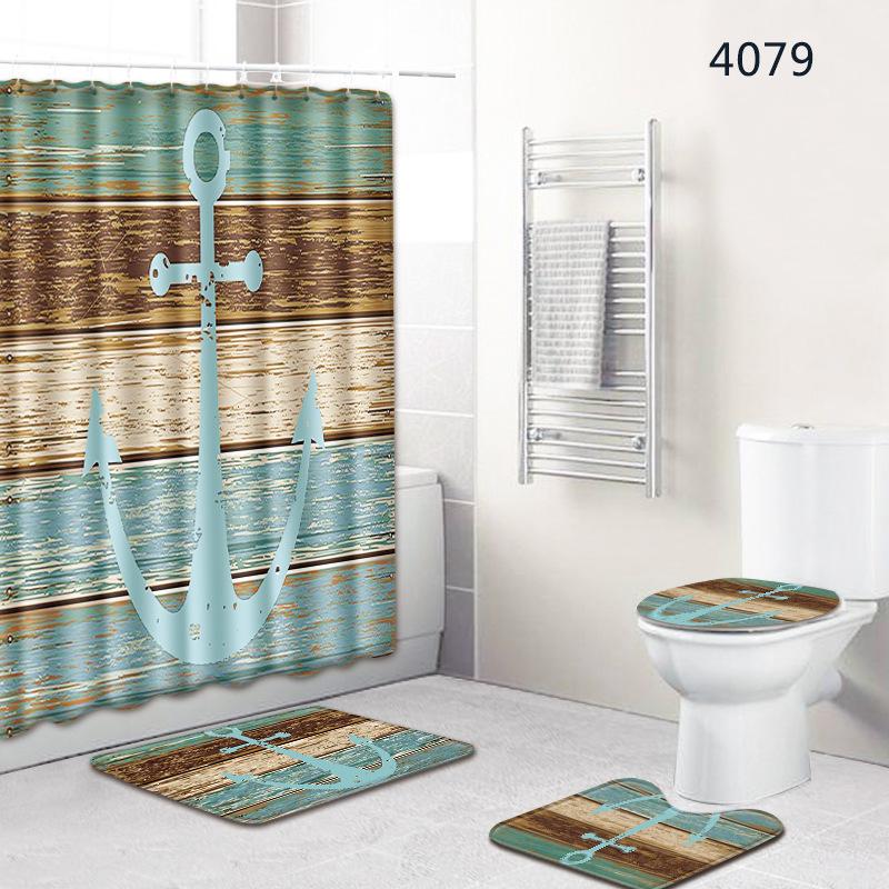 Shower Curtain Floor Mat Toilet Cover Foot Mat Door Mat Carpet Four-Piece Pattern