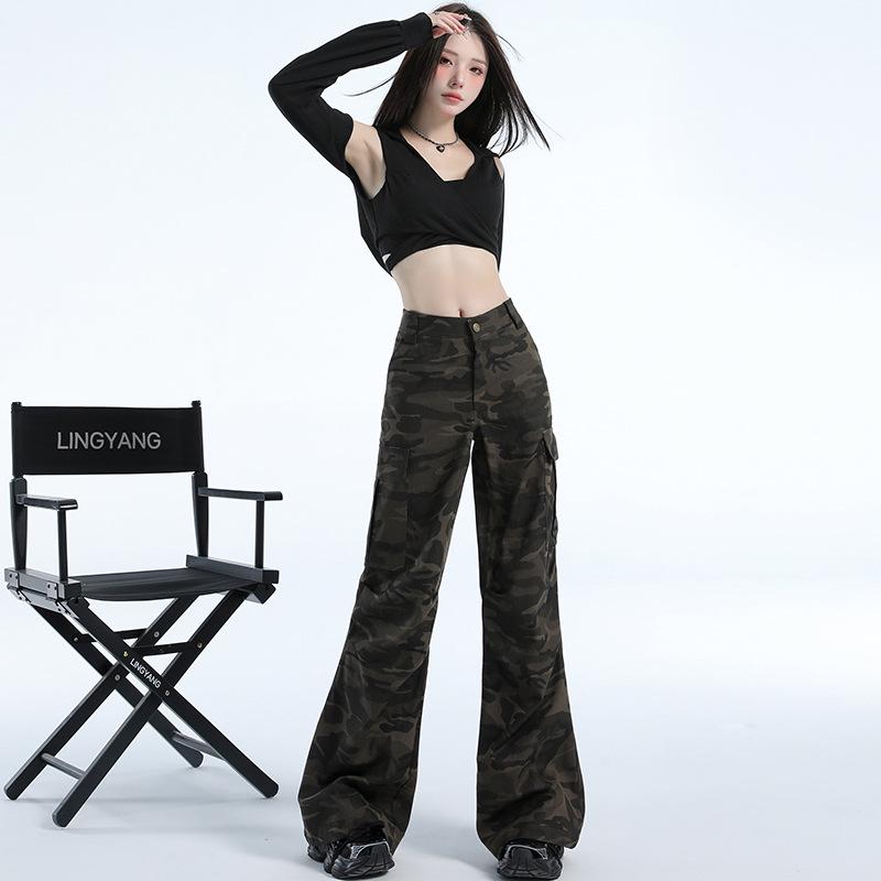 Женские американские ретро рабочие брюки камуфляж: Весна, Уличный стиль, Хип-хоп стиль, Свободный, Микро-клеш, Длина в пол, С драпировкой, Повседневный, Модный.