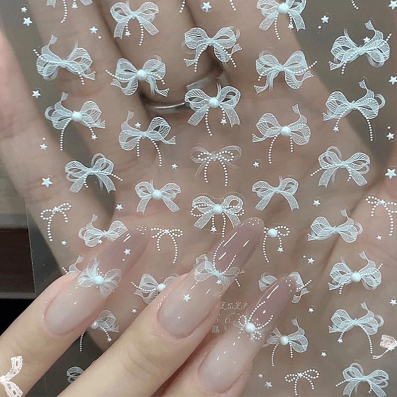 Наклейка для ногтей в форме банта из жемчужного кружева с рельефными бриллиантами, клейкая наклейка для улучшения стереоскопического дизайна своими руками