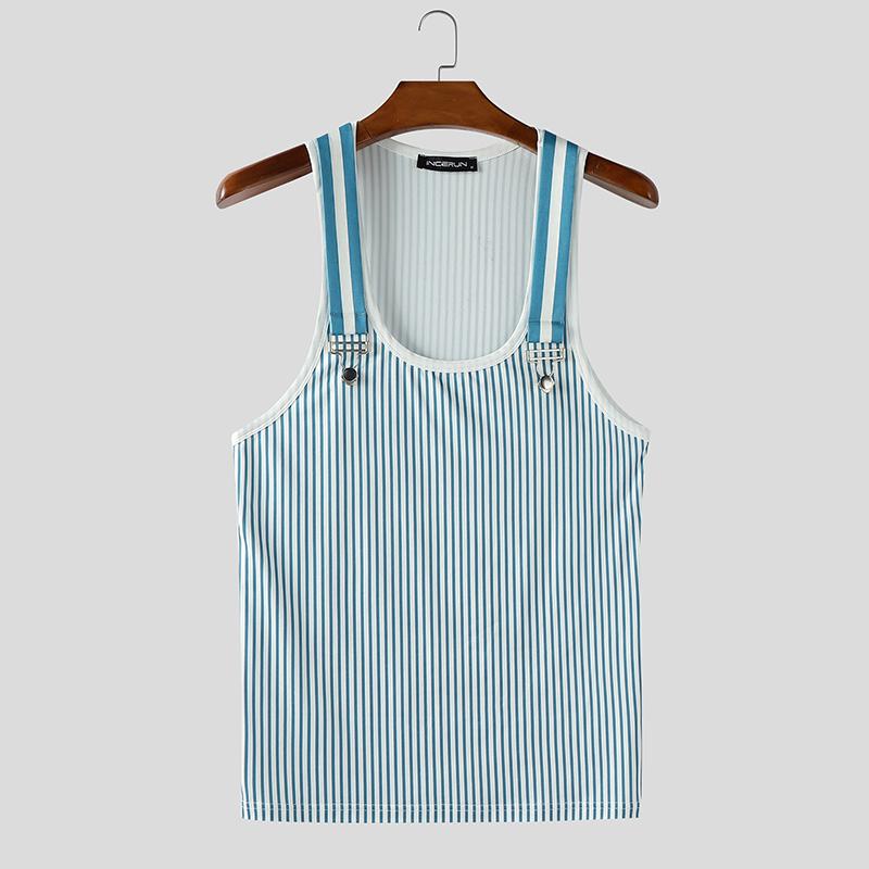 INCERUN Мужские топы-майки без рукавов на бретелях с принтом в полоску, повседневные, приталенные