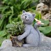 Solar Garden Flowerpot Cat Statue with LED Butterfly Waterproof Planter Pot Kitten Resin Figurine Sculpture Outdoor Porch Yard Lawn Decoration