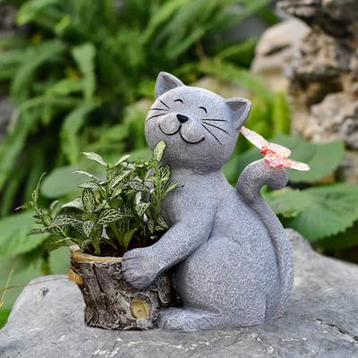 Солнечный садовый цветочный горшок, статуэтка кошки со светодиодной бабочкой, водонепроницаемый горшок для цветов, фигурка котенка из смолы, скульптура для украшения крыльца, двора, газона
