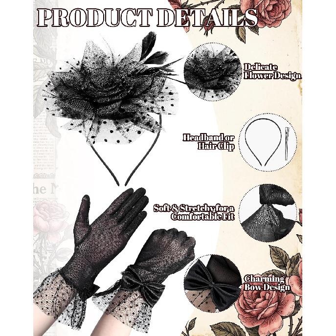 Hercicy 7 Pcs Tea Party Accessories Women Black Fascinator Hat Gloves | Vintage Set Pearl Necklace Bracelet Earrings, Elegant Attire Roaring 20s