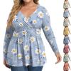 Women's Plus Size Shirt Long Sleeve Print Top Pleated Casual V-Neck Top