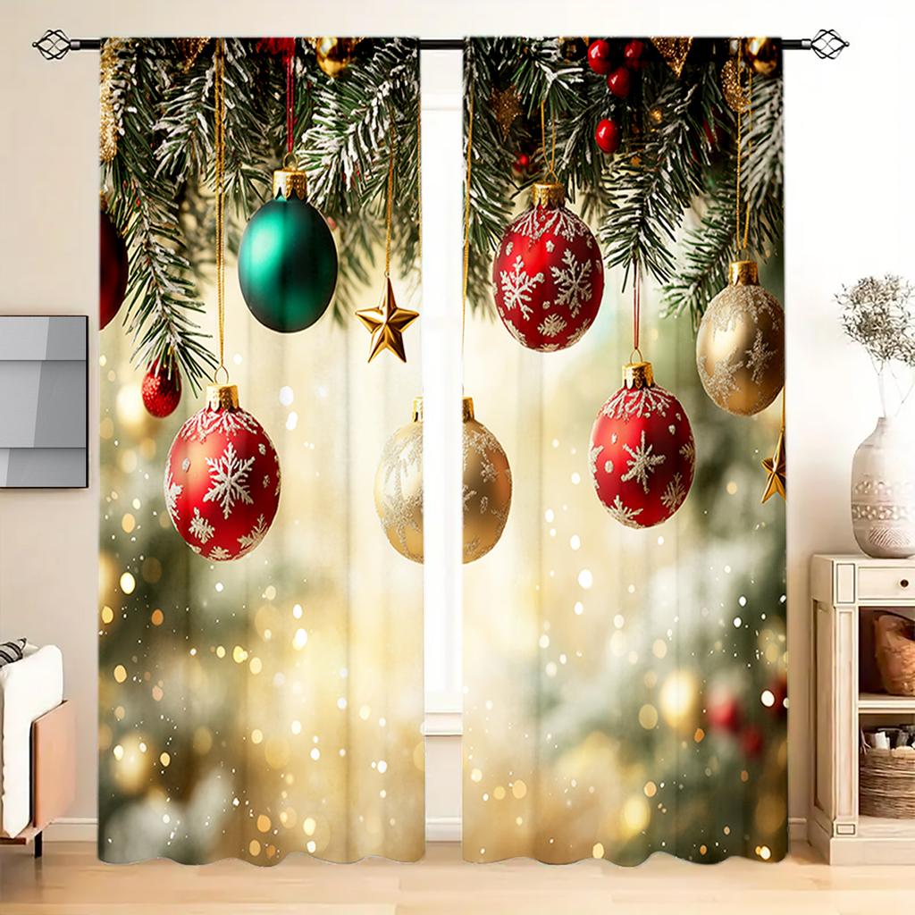 2pcs Beautiful Christmas Lights Printed Curtain for Home Decor - Rod Pocket Window Treatment for Bedroom, Office, Kitchen