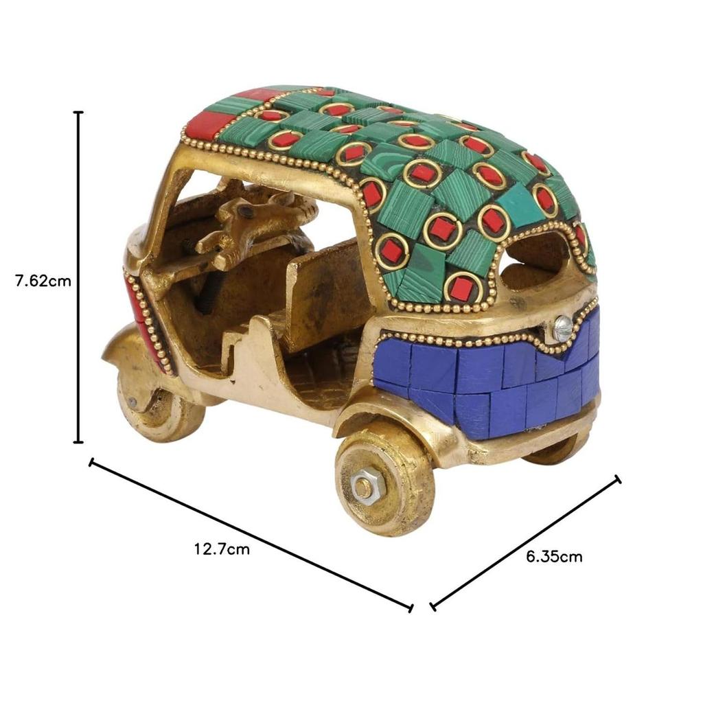 Brass Auto Rickshaw Multicolor Gemstone Handwork Statue Home Decor Fantasy Showpiece Gift.,7.6 X 6.4 Cm