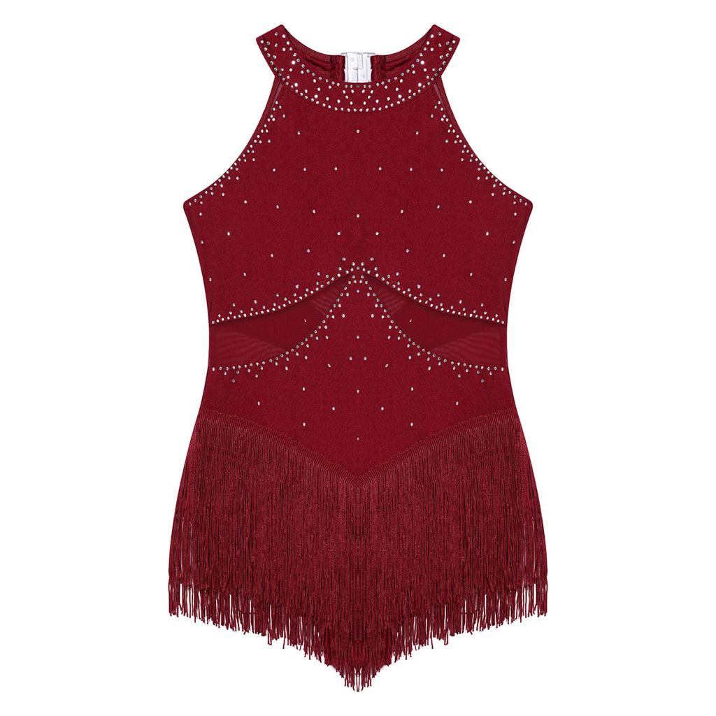 Детское трико для латинских танцев для девочек, костюм для фигурного катания, танго, ча-ча, без рукавов, сетчатое боди с кисточками и стразами