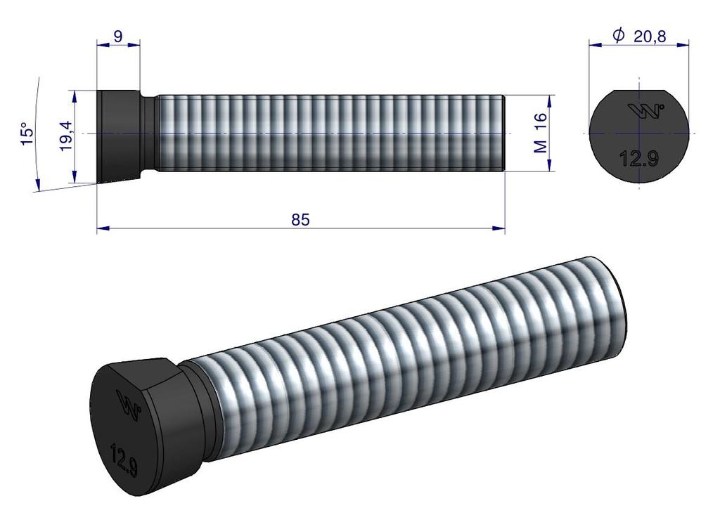 Śruba Kpl. Płużna Oval Z Jednej Strony Ścięta M16X85 Mm Kl.12.9 Zastosowanie Kverneland Waryński M16X85Ov1 ( Sprzedawane Po 10 )