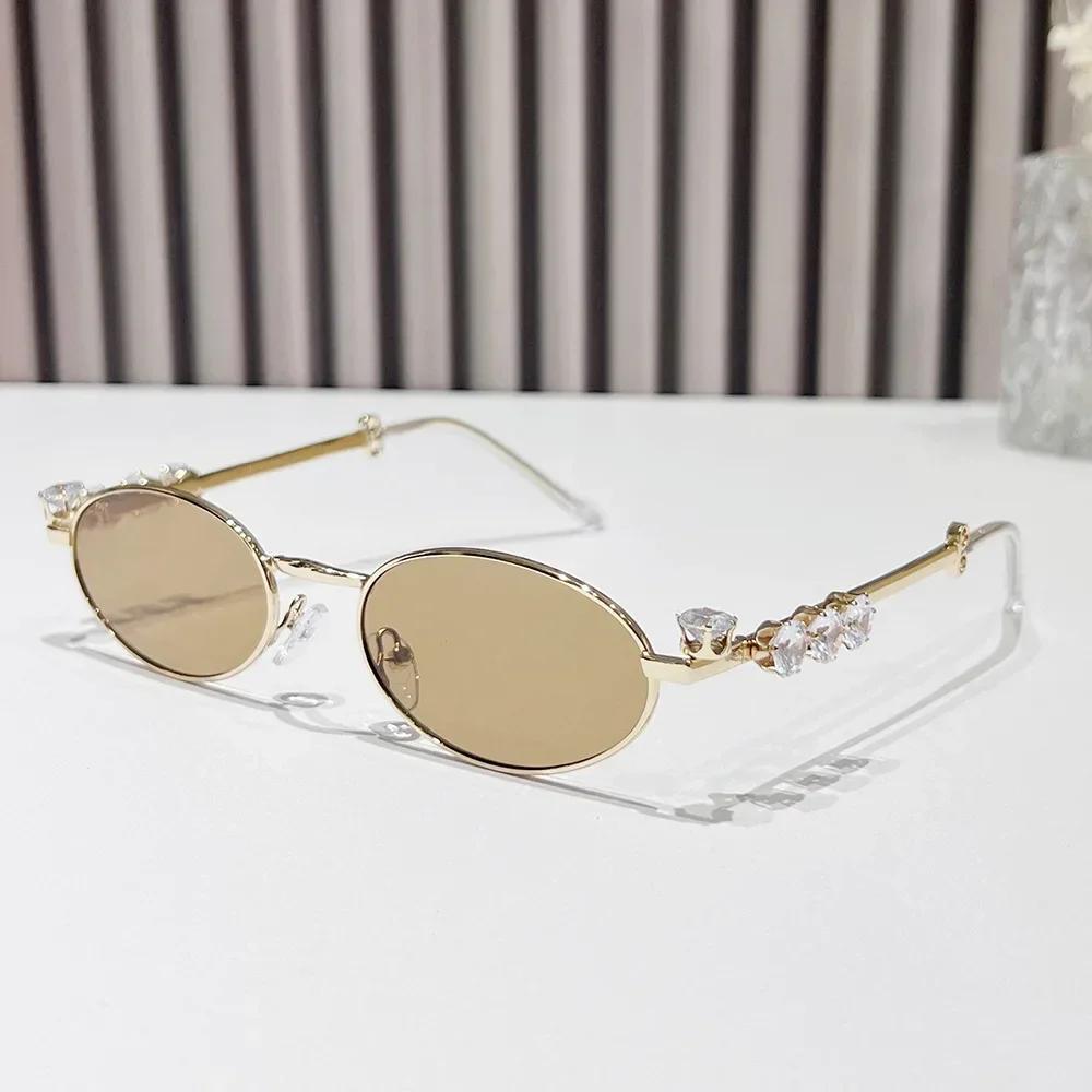 New Fashionable Metal Inlaid Diamond Elliptical Frame Women Sunglasses Retro Luxury UV400 Sunscreen Glasses