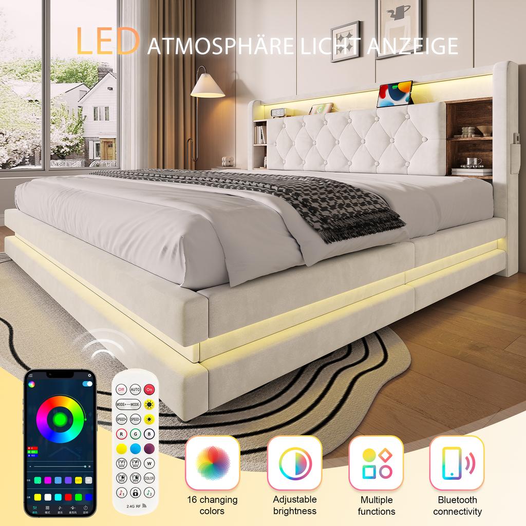 180 × 200 cm Upholstered Bed with Storage, Velvet Bed with Multifunctional Headboard, LED Lighting, 2 USB & Type-C Port, Hydraulic, Beige