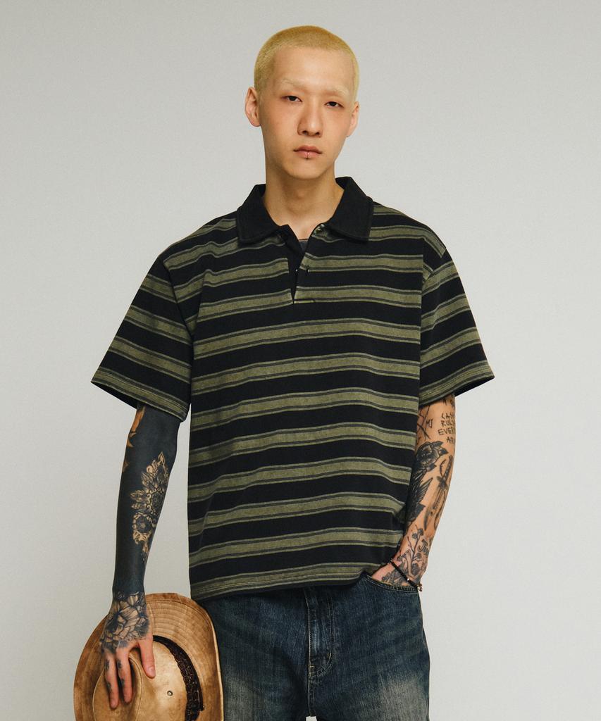 ENDOOR Vtg Dyed Stripe 1/2 Polo Shirt (Vtg Olive)