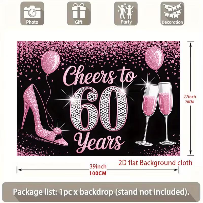 2D Pink Black 60th Birthday Backdrop, Women 60 Years Old Party Background