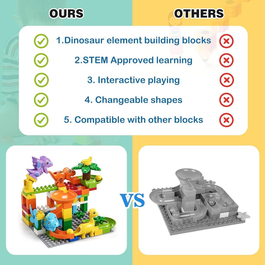 Dinosaur Marble Run Large Building Blocks STEM Ball Race Track for Boys Girls with Functional Marbles Maze Game Toys for Kids