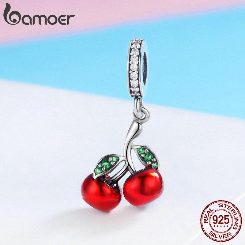 BAMOER модный кулон из стерлингового серебра 925 пробы с фруктами и красной эмалью вишни, подвеска, подходящий для женщин, браслеты