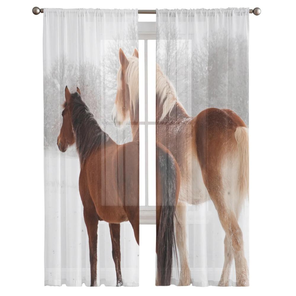 Animal Horse Snow Scene Tulle Voile Curtains For Bedroom Space Space Window Curtain For Living Room Sheer Drapes Shades Organza Drapes Decor