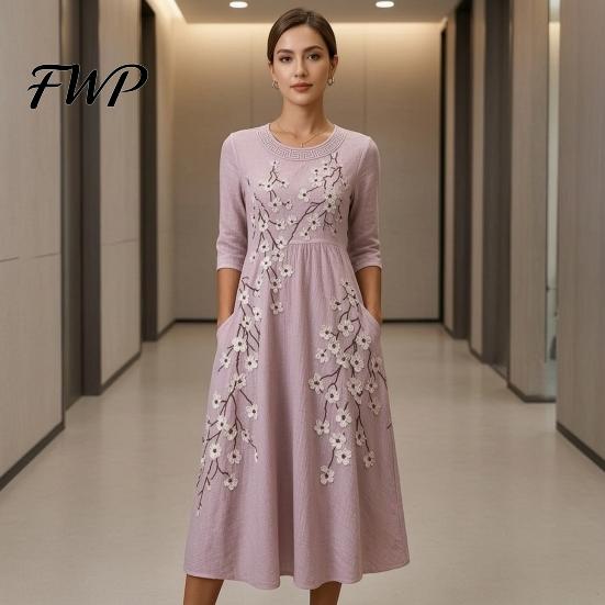 Slimming Silhouette Midi Dresses Autumn Floral Dress for Women, Long Sleeve Bohemian A Line Slim Fit Covering Belly Fat Dress, Vintage Waist-Cinching
