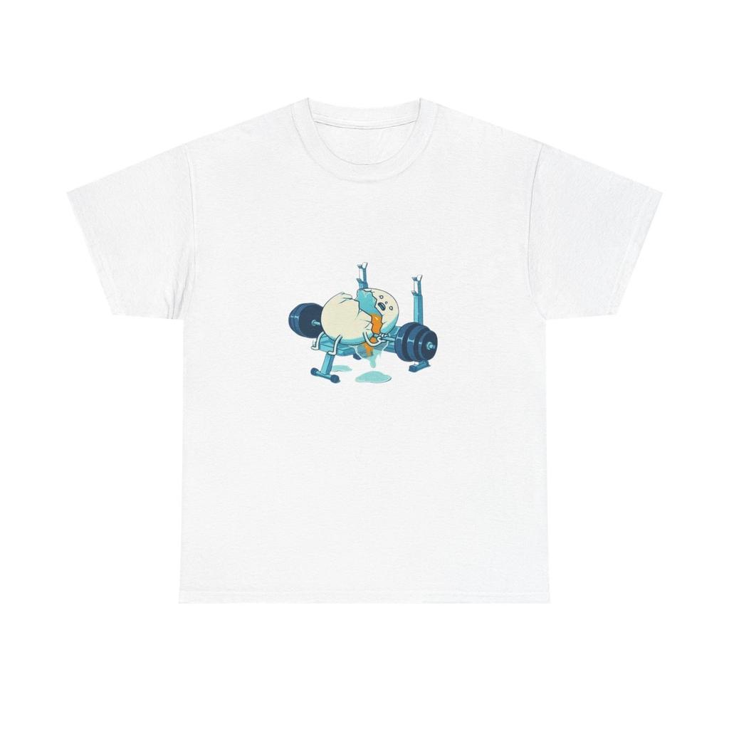Cartoon Egg Lifting Weights T-Shirt | Funny Gym Workout Illustration