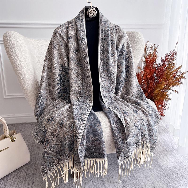 Autumn Winter Luxury Women Scarves 180*65Cm Men Thick Warm Scarf Flower Pattern Tassel Shawl Cashmere Imitation Poncho Stole