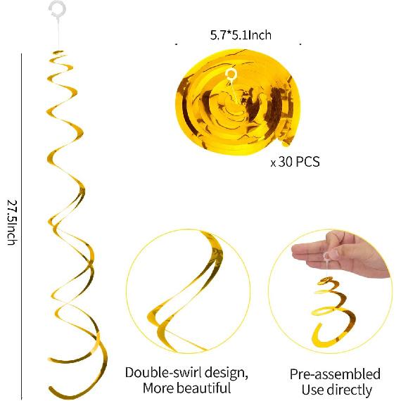 30 Pieces Gold Hanging Swirl Decorations Plastic Streamer Party Swirl Spiral Decorations for Ceiling, Wedding Baby Shower Birthday Party Supply