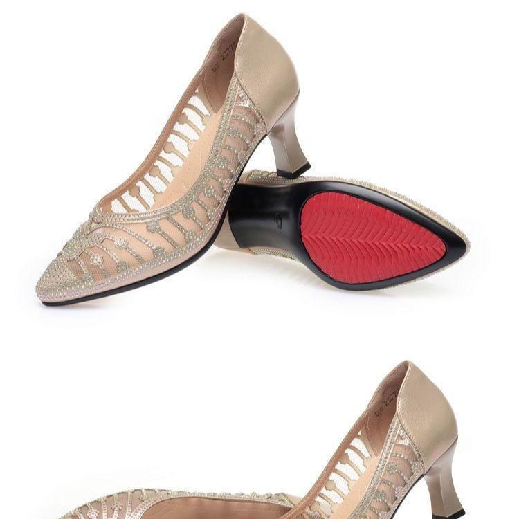 Дышащие туфли на высоком каблуке для женщин, летние женские сандалии Baotou Mesh Rhinestone Hollow