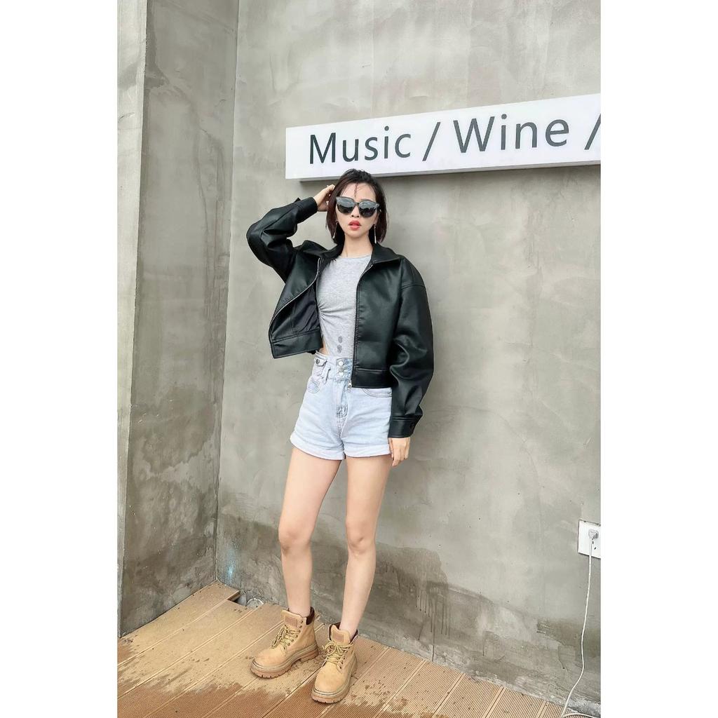 Women Black PU Faux Leather Jacket Lapel Zipper Cropped Coat, Loose Oversized Casual Short Outerwear for Spring Autumn