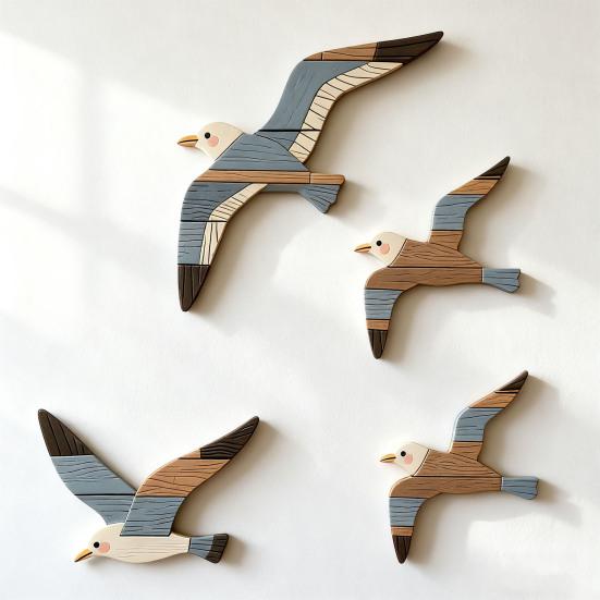 4Pcs/Set Seagull Wall Pendant Bright Feather Color Woodcarving Artwork Hand-painted Seagull