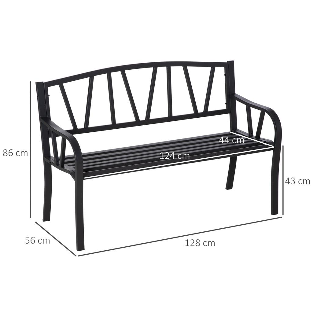 2-Seater Garden Bench Metal Loveseat w/ Decorative Backrest Ergonomic Armrest