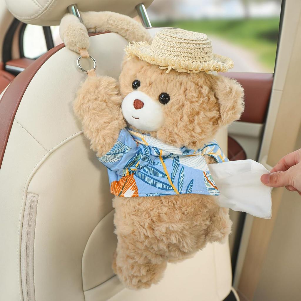 Car Accessories Cute Bear Hanging Tissue Box (Overalls Bear) | Plush Napkin Dispenser Cute Bear Doll Design Zipper Opening Multi-Location Use Soft