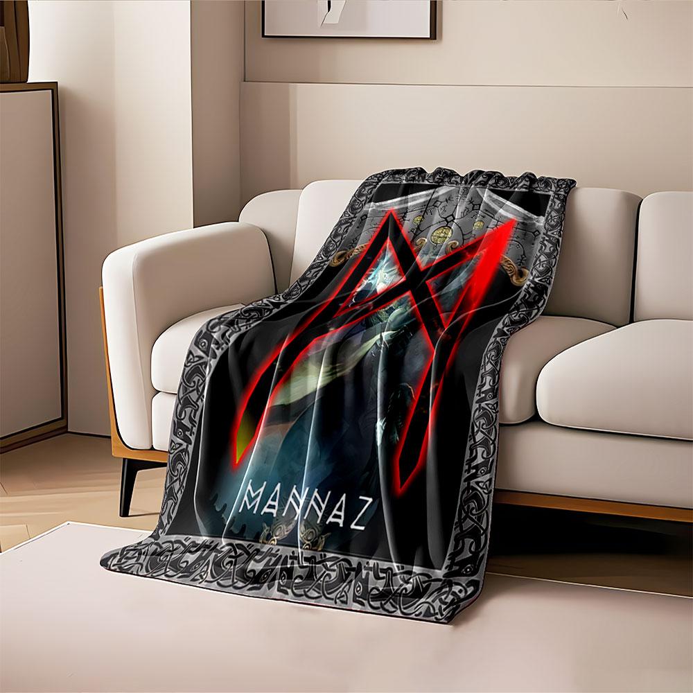 A glowing red Mannaz rune overlays mystical figures and Nordic patterns. for all seasons blanket lunch break throw gift