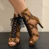Female Shoes Leopard Print 2025 Peep Toe Women's Sandals Mesh Ankle Boots High Heel Fishnet Boot Ladies Lace Latin Dance Shoes