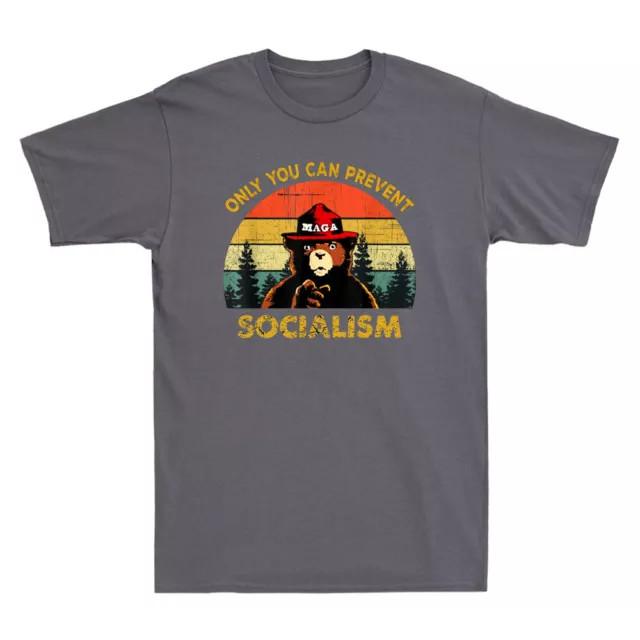 Only You Can Prevent Socialism Bear Camping Vintage Retro Black Cotton Tee