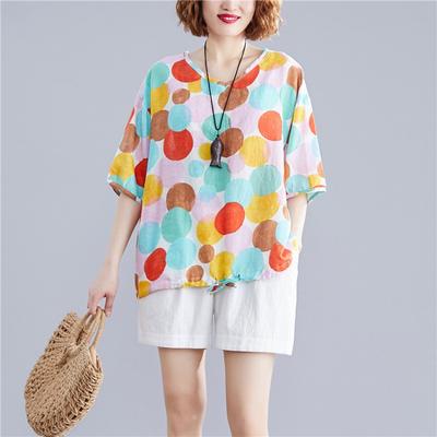 Ретро хлопчатобумажные льняные блузки с принтом женские большие размеры V-образный вырез средняя часть рукава рубашка пуловер весна лето рубашки модный свободный топ