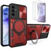 Case for Samsung Galaxy S25 with 2 Tempered Glasses, Case with Camera Cover and Red Stand Ring