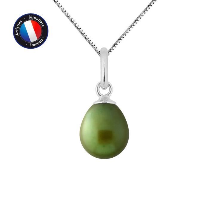 Pendentif - PERLINEA - Véritable Perle de Culture 7-8 mm - Or Blanc - Chaîne Argent 42 cm
