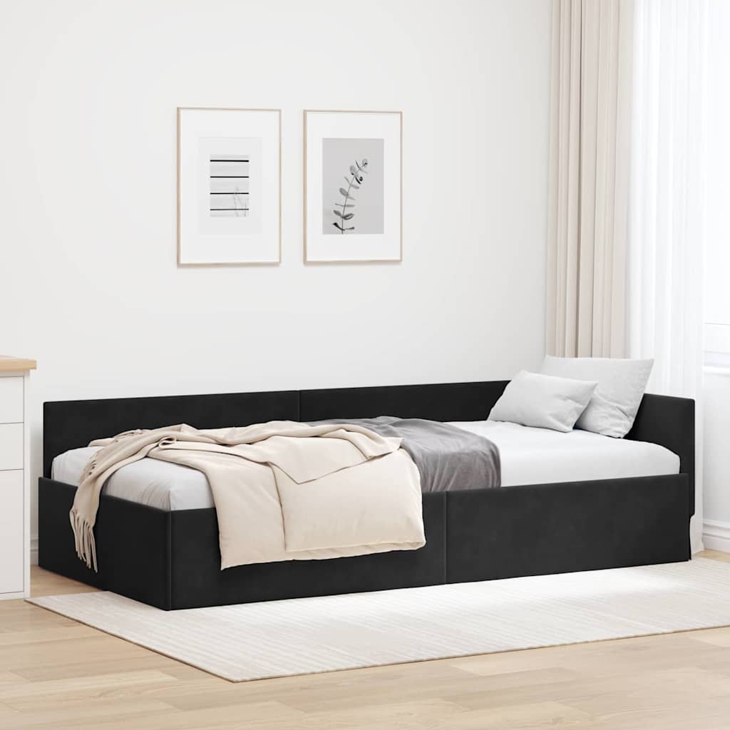 L shaped bed frame with headboard black 90 cm x 200 cm velvet