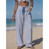 Summer Women's Striped Linen-like Wide Leg Pants, Drawstring Waist Pockets Casual Long Trousers for Beach Vacation