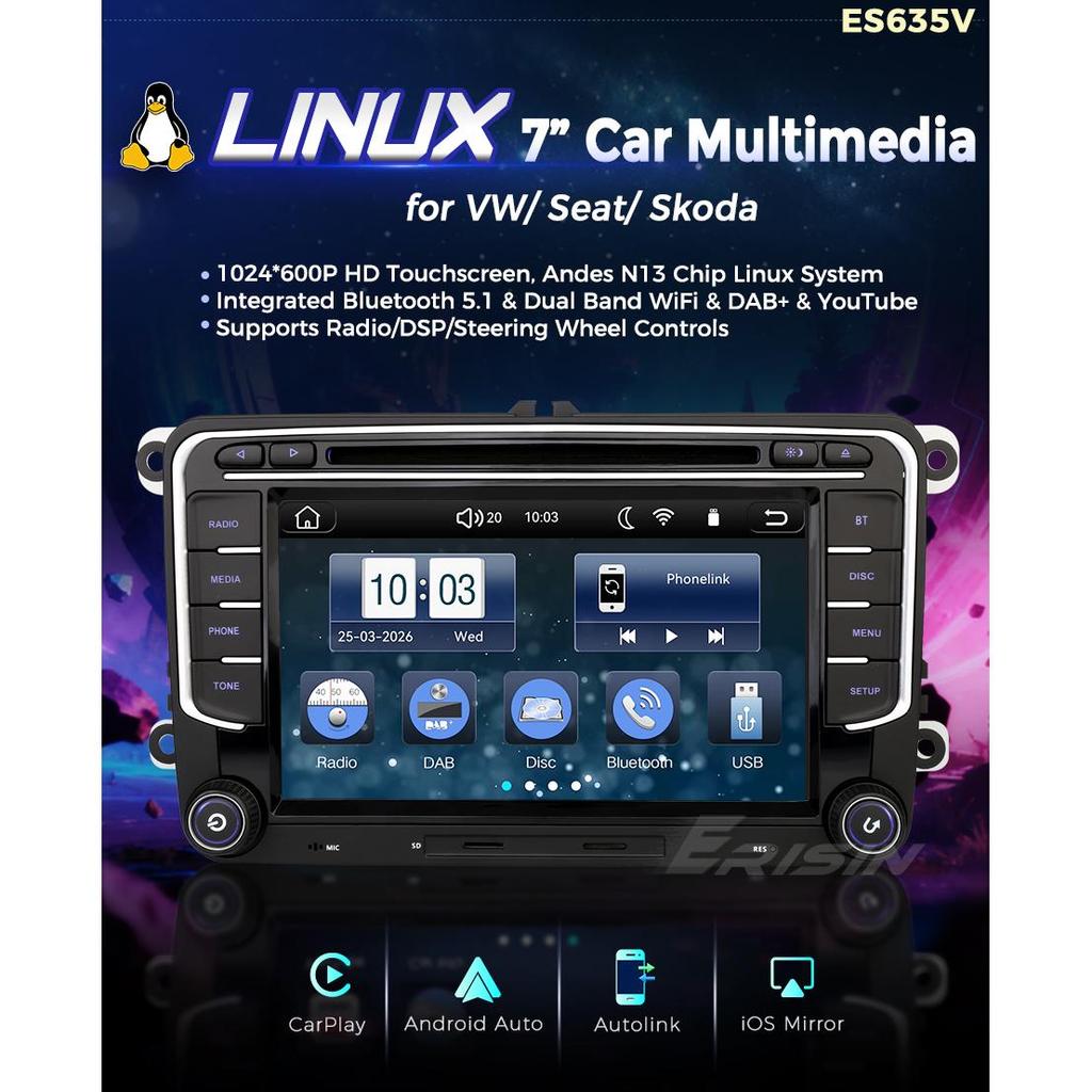 EU Erisin ES635 7" Linux Car Stereo Wireless CarPlay Android Auto DAB+ 16-Band DSP Fast Boot for VW Golf Passat Tiguan Car Radio
