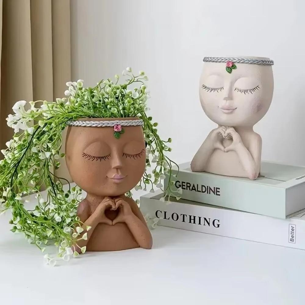 Creative Resin Face Flower Pot with Drainage Hole Loving Little Girl Succulent Planter Gift Cute Desktop Storage Garden Supplies