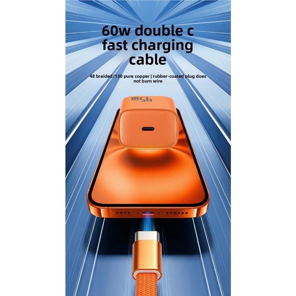 60W USB-C fast charging cable, ultra-thin braided flat cable, durable Type-C charging cable with anti-tangle design (Orange)
