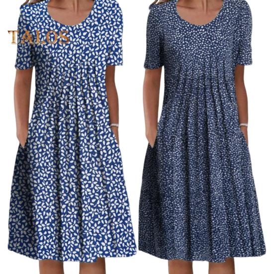 Women's Floral Print Tunic Shirt Dress Short Sleeve Crew Neck Pleated Midi Dress with Pockets Summer Boho Swing Sundress