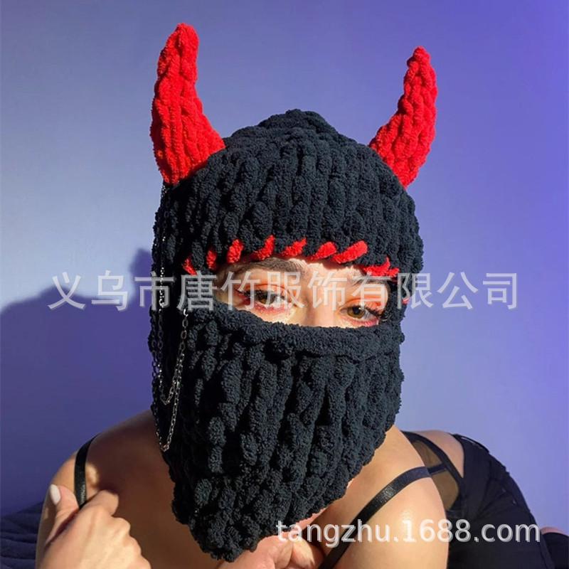New devil horn mask thickened fleece knitted hat ice strip line warm neck protection punk sweet cool wind headgear winter