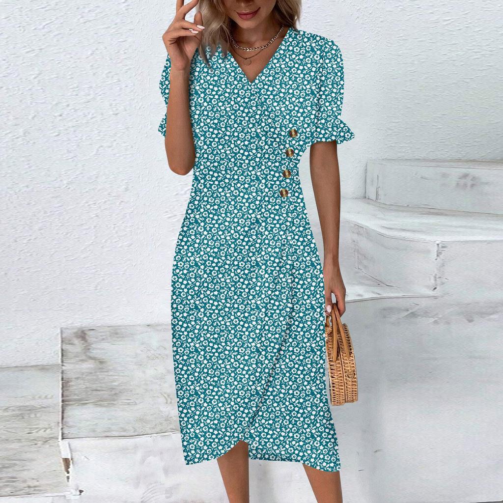 Beach Dresses For Women Spring Summer Elegant Wrap V Neck Floral Boho Dress Flowy Ruched Hawaiian Maxi Dress